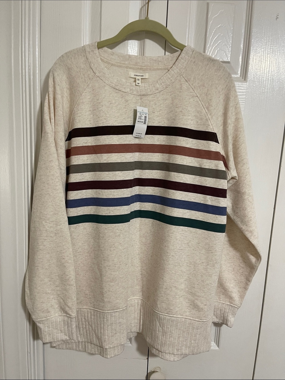 NWT Maurices Cream Pullover with Multicolor Horizontal Stripes